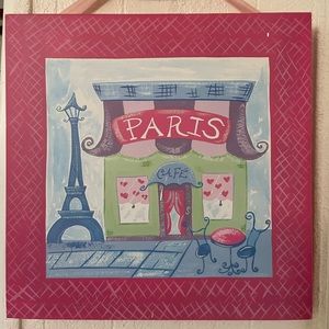 16x16 Canvas Paris Scene hangs by pink ribbon bow